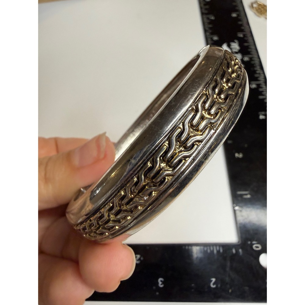 Two Tone Silver and Gold Textured Chain Inlay Hinged Bangle Bracelet